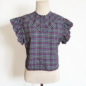 Vintage Navy Blue Primary Color Plaid Crop Top